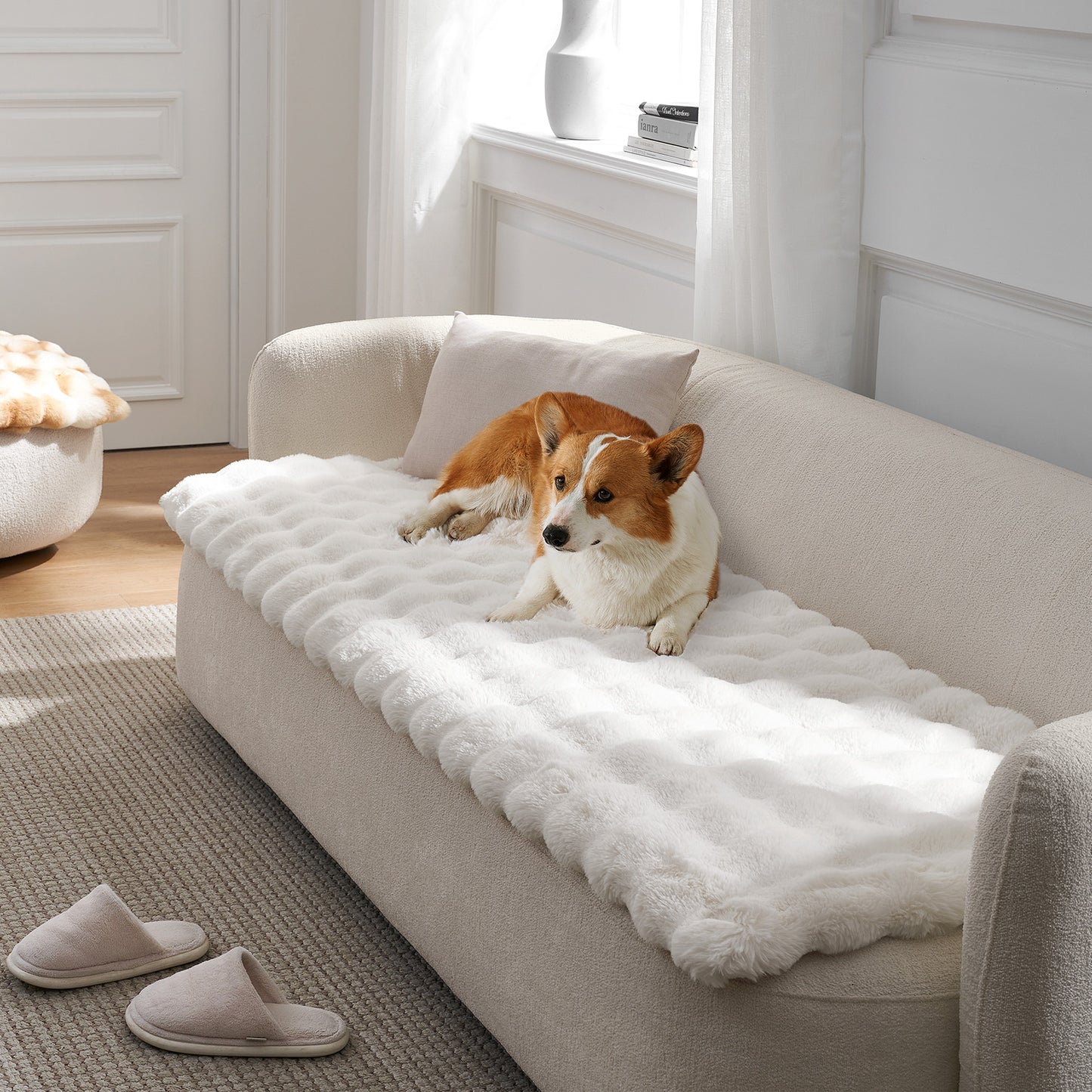 Cozy Kiss Fluffy Soft Bubble Faux Fur Couch Cover plush sofa protector for dogs and cats #color_Cream