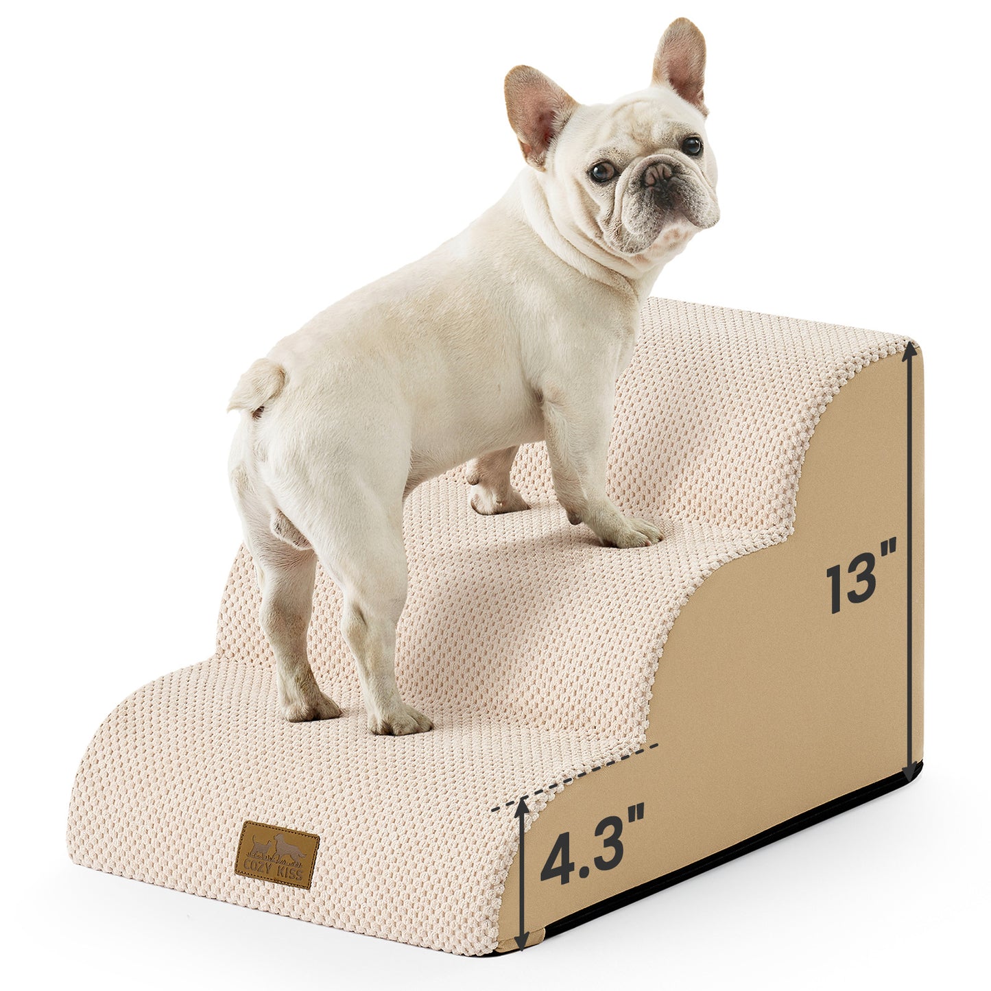 Front studio view of Cozy Kiss 3-Step Gentle Slope Curved Pet Stairs displaying compact dimensions, gradual incline, and stable construction #color_Beige