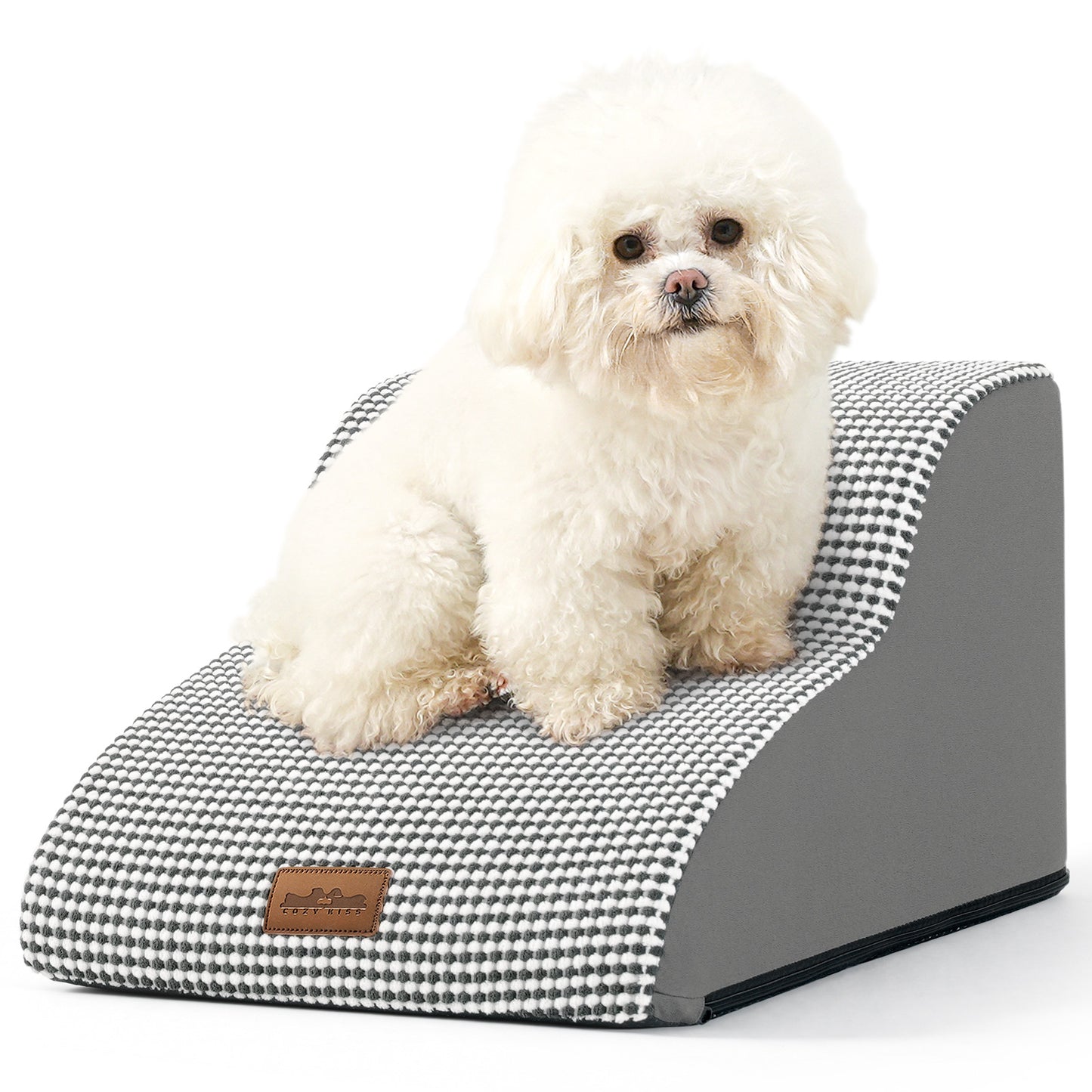 Front studio view of Cozy Kiss 2-Step Joint-Friendly Curved Pet Stairs featuring curved foam design and textured fabric cover #color_White & Black
