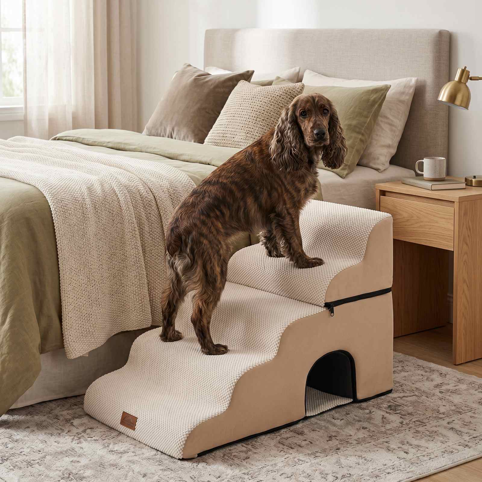 Cozy Kiss 5-Step Foldable Curved Pet Stairs with Play Condo beside bed #color_Beige