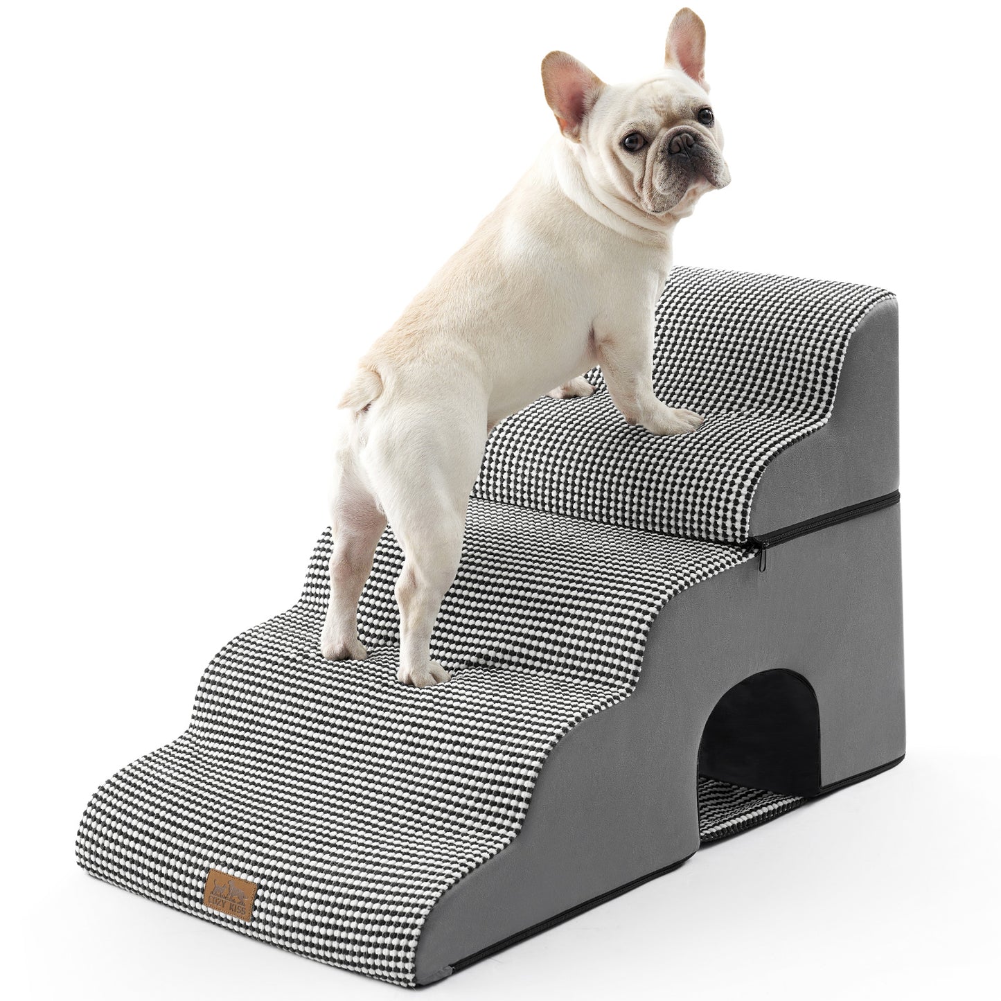 Cozy Kiss 5-Step Foldable Curved Pet Stairs with Play Condo front product view with a dog standing on it #color_Black & White