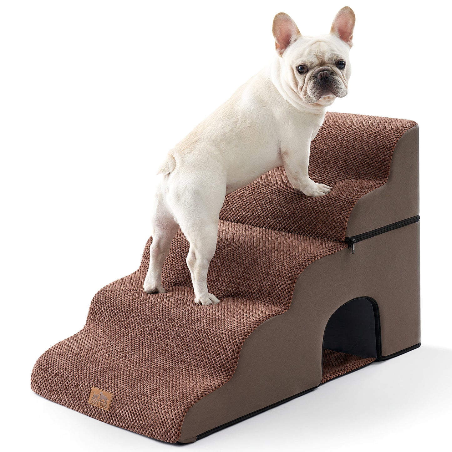 Cozy Kiss 5-Step Foldable Curved Pet Stairs with Play Condo front product view with a dog standing on it #color_Brown