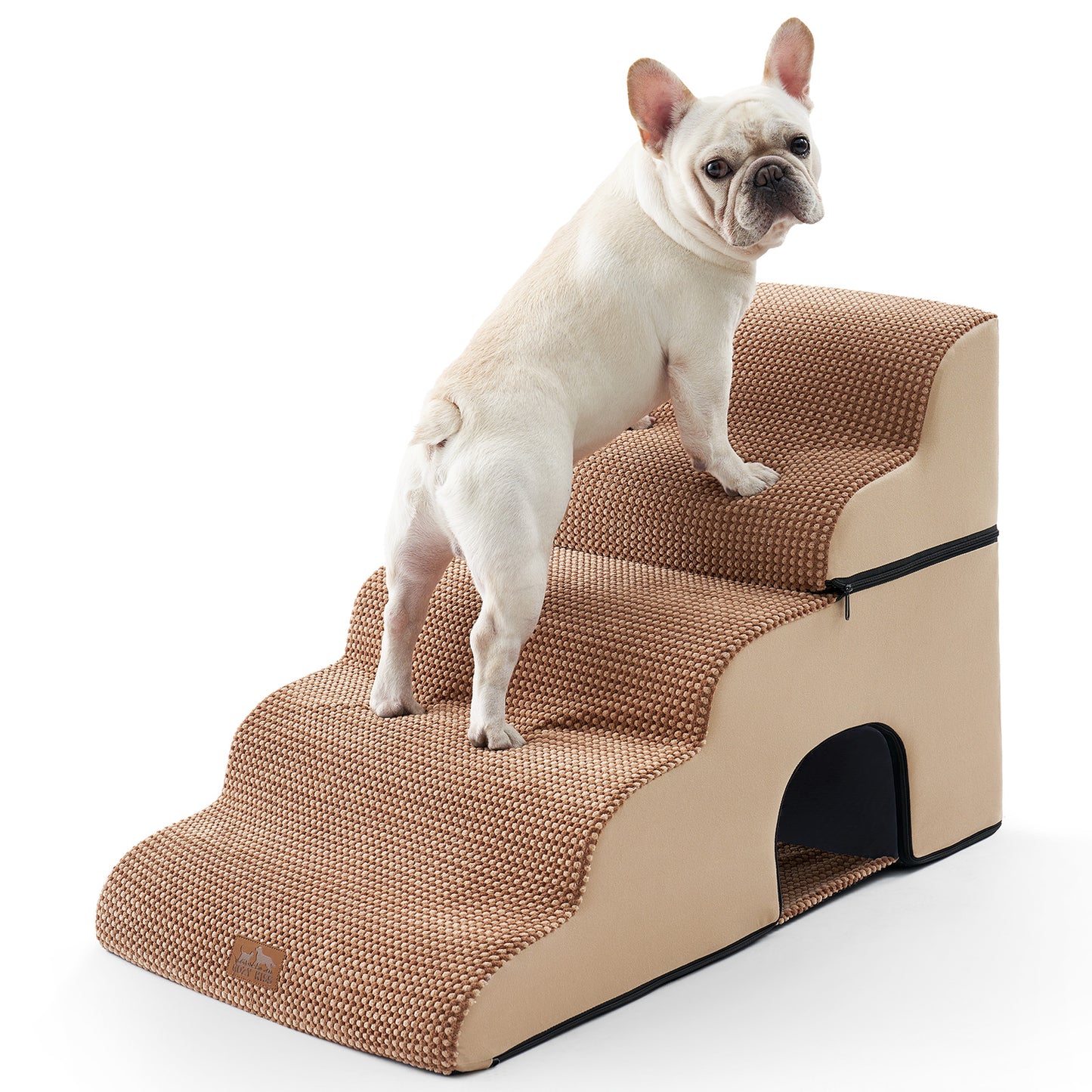 Cozy Kiss 5-Step Foldable Curved Pet Stairs with Play Condo front product view with a dog standing on it #color_Light Brown