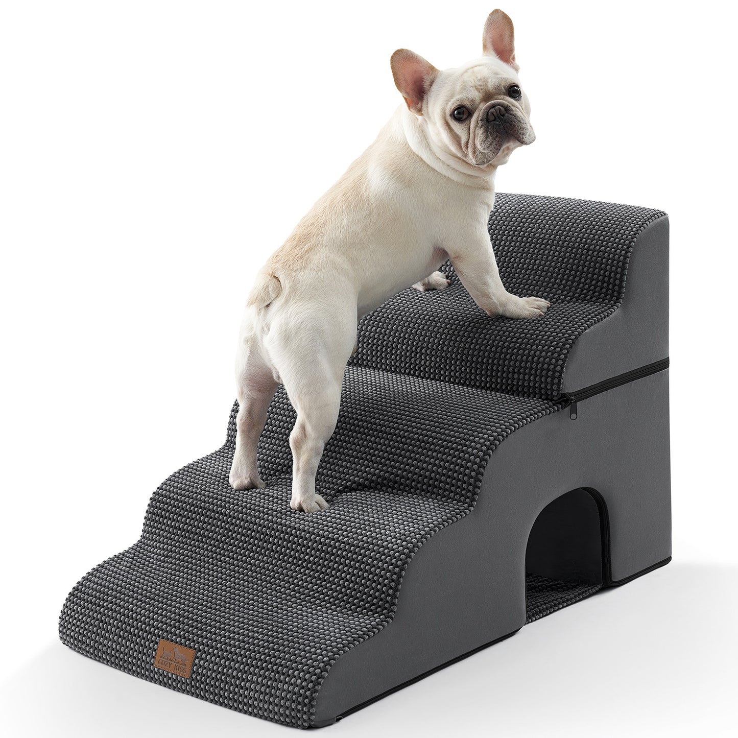 Cozy Kiss 5-Step Foldable Curved Pet Stairs with Play Condo front product view with a dog standing on it #color_Dark Grey