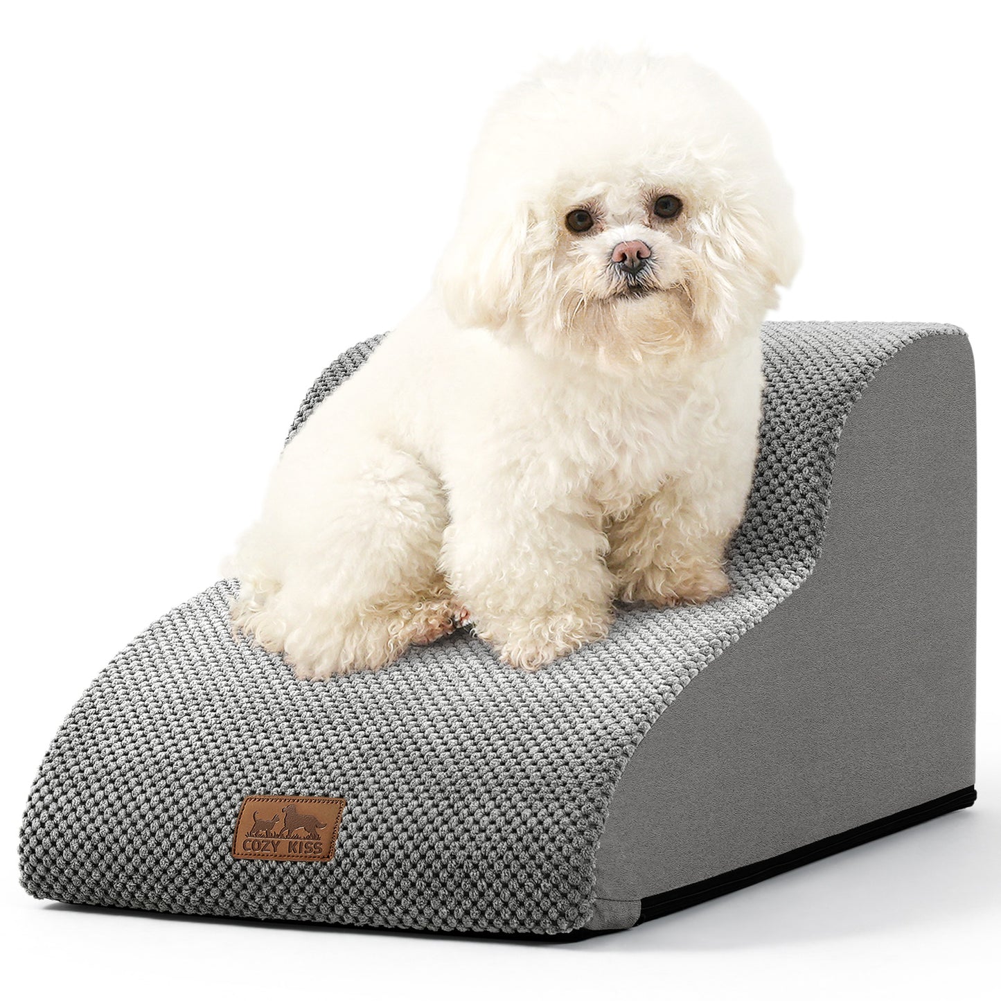 Front studio view of Cozy Kiss 2-Step Joint-Friendly Curved Pet Stairs featuring curved foam design and textured fabric cover #color_Light Grey