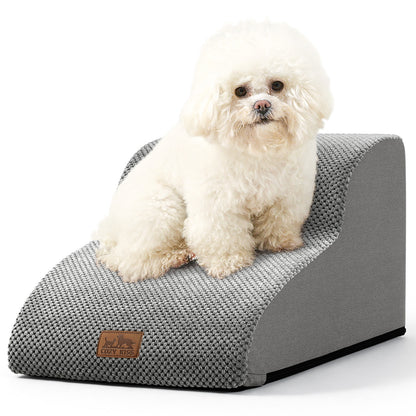 Front studio view of Cozy Kiss 2-Step Joint-Friendly Curved Pet Stairs featuring curved foam design and textured fabric cover #color_Light Grey