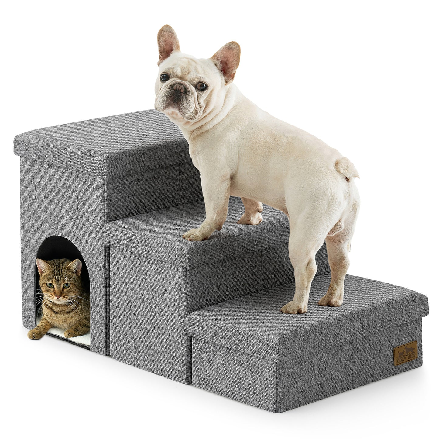 Cozy Kiss 3-Step Storage Pet Stairs with Play Condo front product view #color_Grey