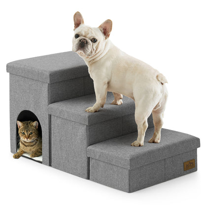 Cozy Kiss 3-Step Storage Pet Stairs with Play Condo front product view #color_Grey
