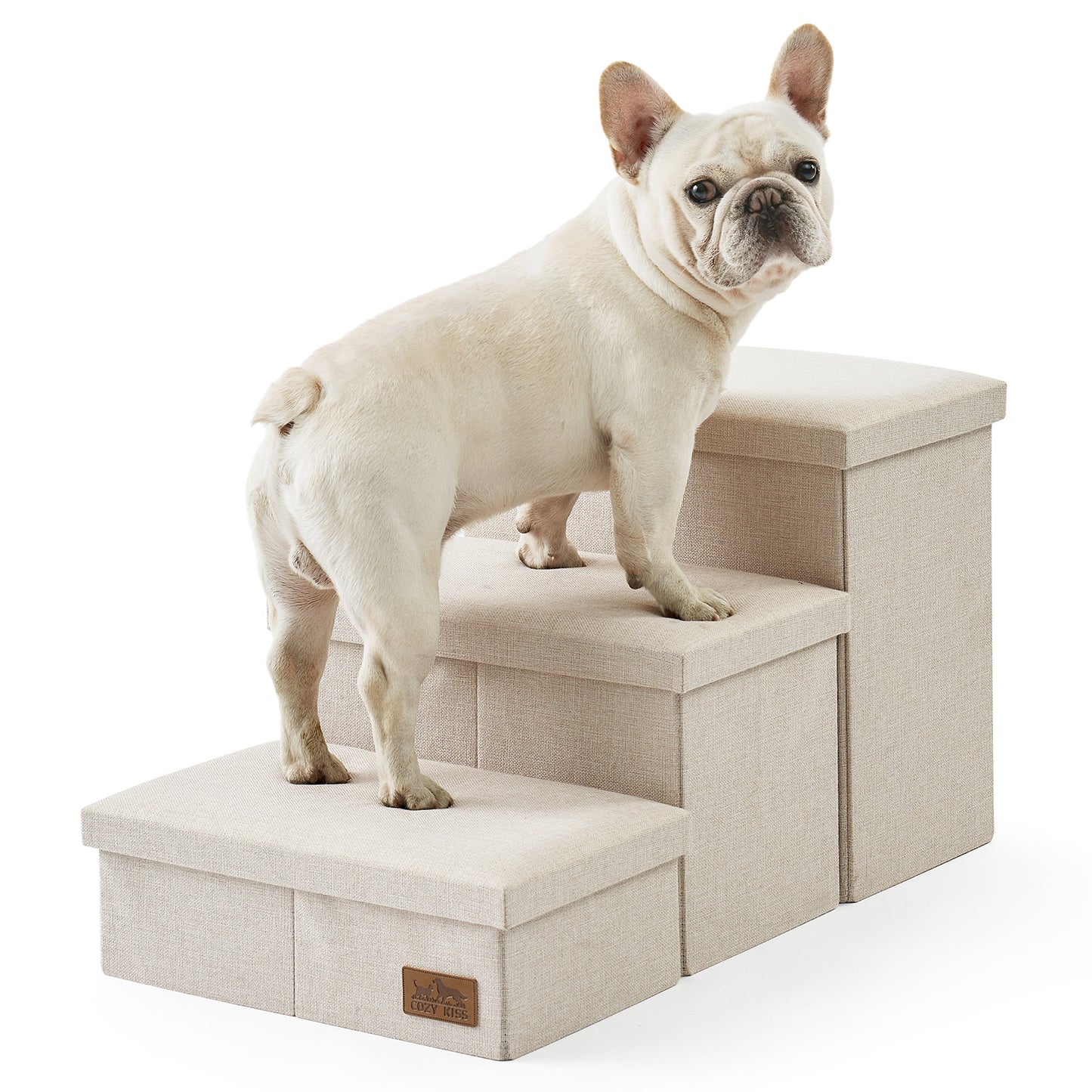 Cozy Kiss 3-Step Storage Pet Stairs with a dog climbing safely #color_Beige
