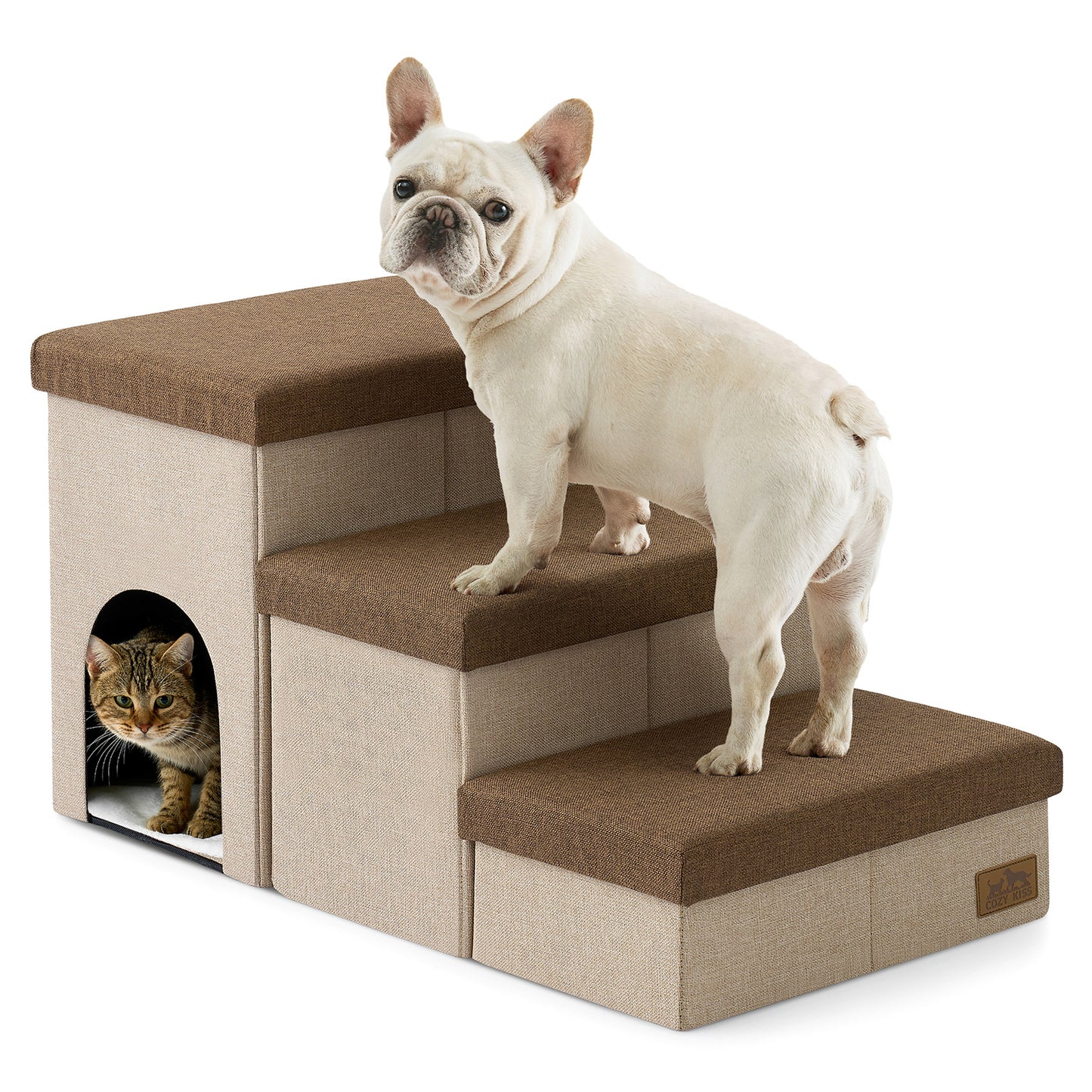 Cozy Kiss 3-Step Storage Pet Stairs with Play Condo front product view #color_Brown