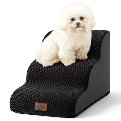 Front studio view of Cozy Kiss 3-Step Joint-Friendly Curved Pet Stairs featuring curved foam design and textured fabric cover #Color_Black