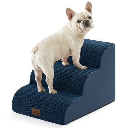 Cozy Kiss 3-Step Extra Wide Curved Pet Stairs beside bed for safe pet access #color_Blue