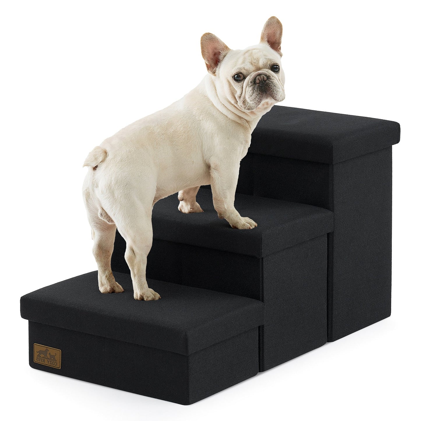 Cozy Kiss 3-Step Storage Pet Stairs with a dog climbing safely #color_Black