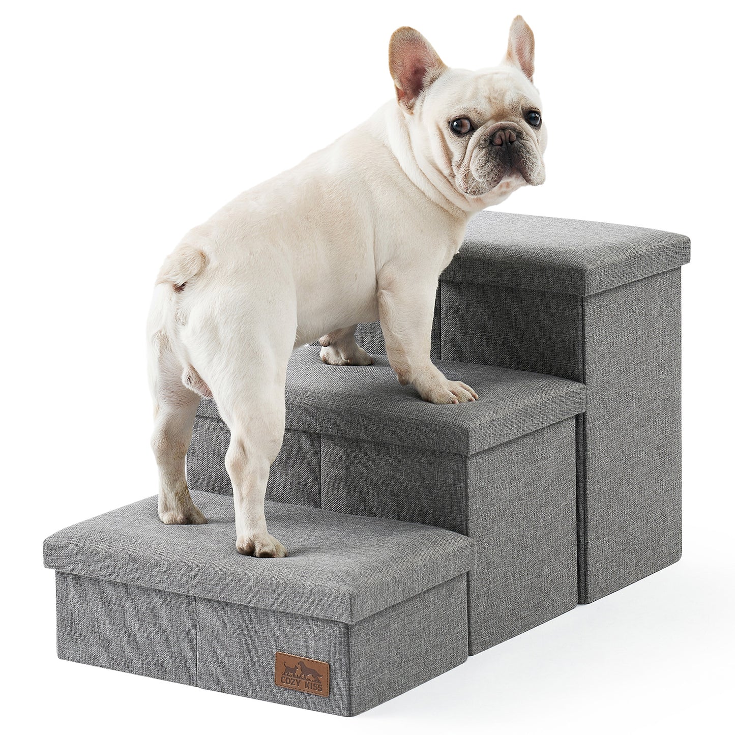 Cozy Kiss 3-Step Storage Pet Stairs with a dog climbing safely #color_Grey