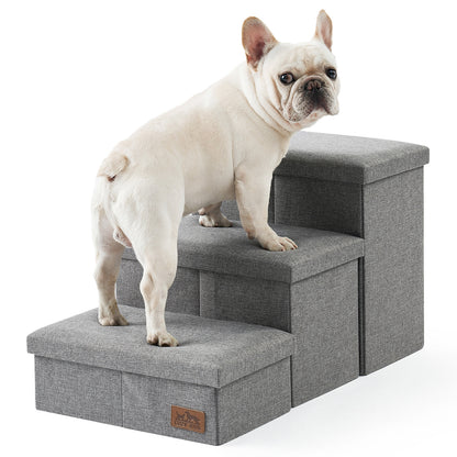 Cozy Kiss 3-Step Storage Pet Stairs with a dog climbing safely #color_Grey