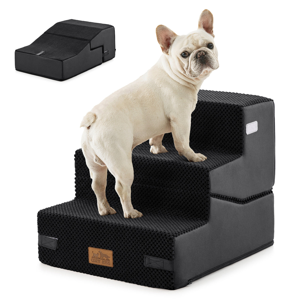 Cozy Kiss 3-Step Convertible 2-in-1 Pet Stairs with Ramp Mode for easy pet access 
