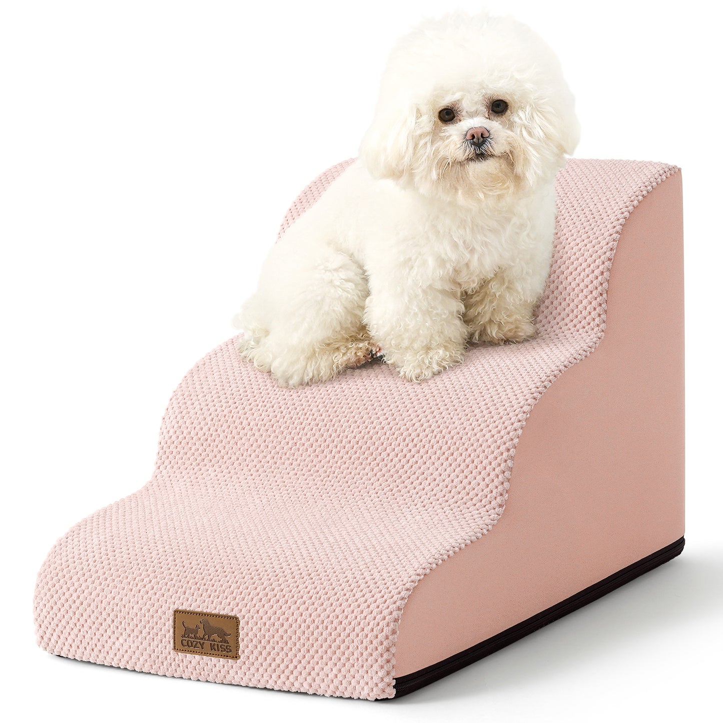 Front studio view of Cozy Kiss 3-Step Joint-Friendly Curved Pet Stairs featuring curved foam design and textured fabric cover #color_Pink