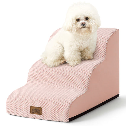 Front studio view of Cozy Kiss 3-Step Joint-Friendly Curved Pet Stairs featuring curved foam design and textured fabric cover #color_Pink