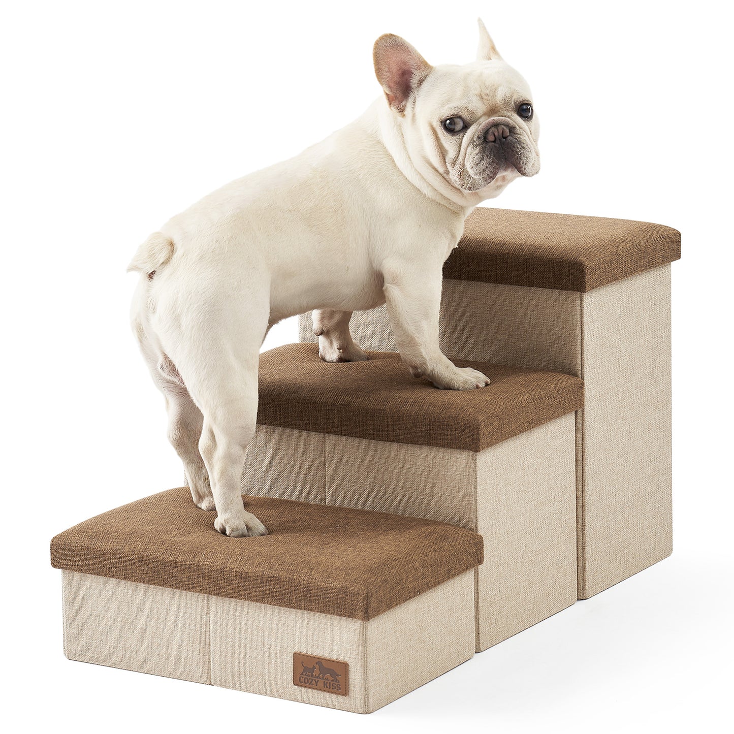 Cozy Kiss 3-Step Storage Pet Stairs with a dog climbing safely #color_Brown