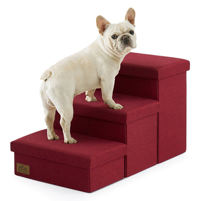 Cozy Kiss 3-Step Storage Pet Stairs with a dog climbing safely #color_Red