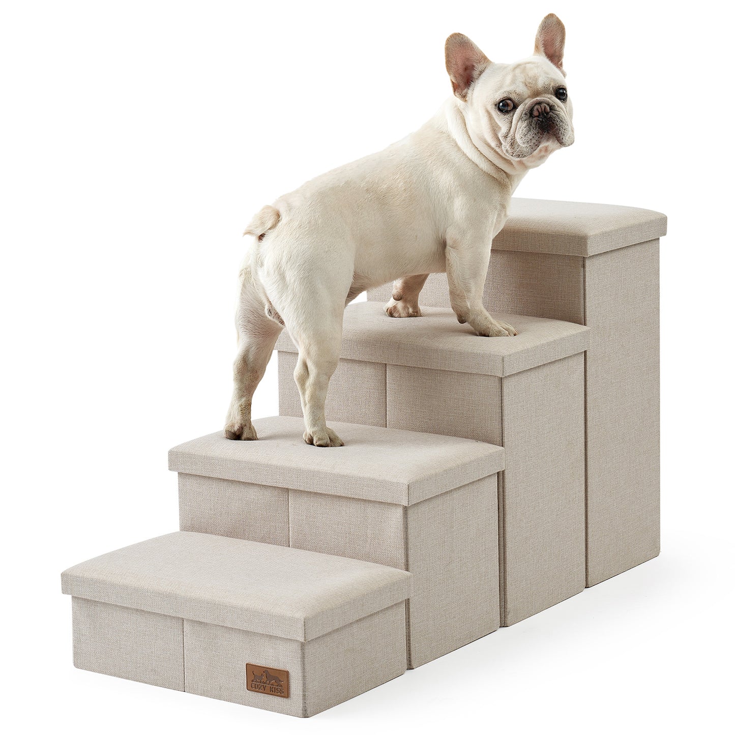 Cozy Kiss 4-Step Storage Pet Stairs beside bed with a dog sitting on it #color_Cream