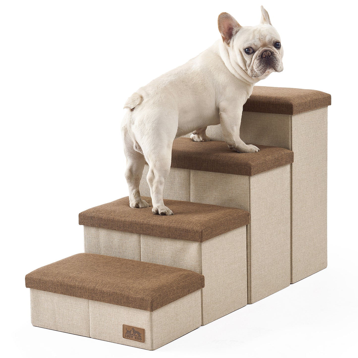 Cozy Kiss 4-Step Storage Pet Stairs beside bed with a dog sitting on it #color_Brown