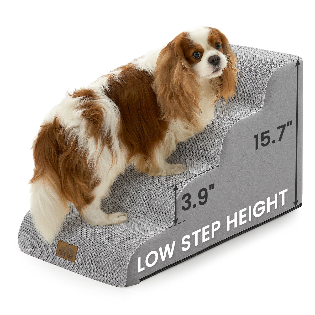 Side lifestyle view of Cozy Kiss 4-Step Gentle Slope Curved Pet Stairs featuring low-rise steps designed to reduce joint strain for small dogs 