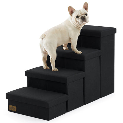 Cozy Kiss 4-Step Storage Pet Stairs beside bed with a dog sitting on it #color_Black