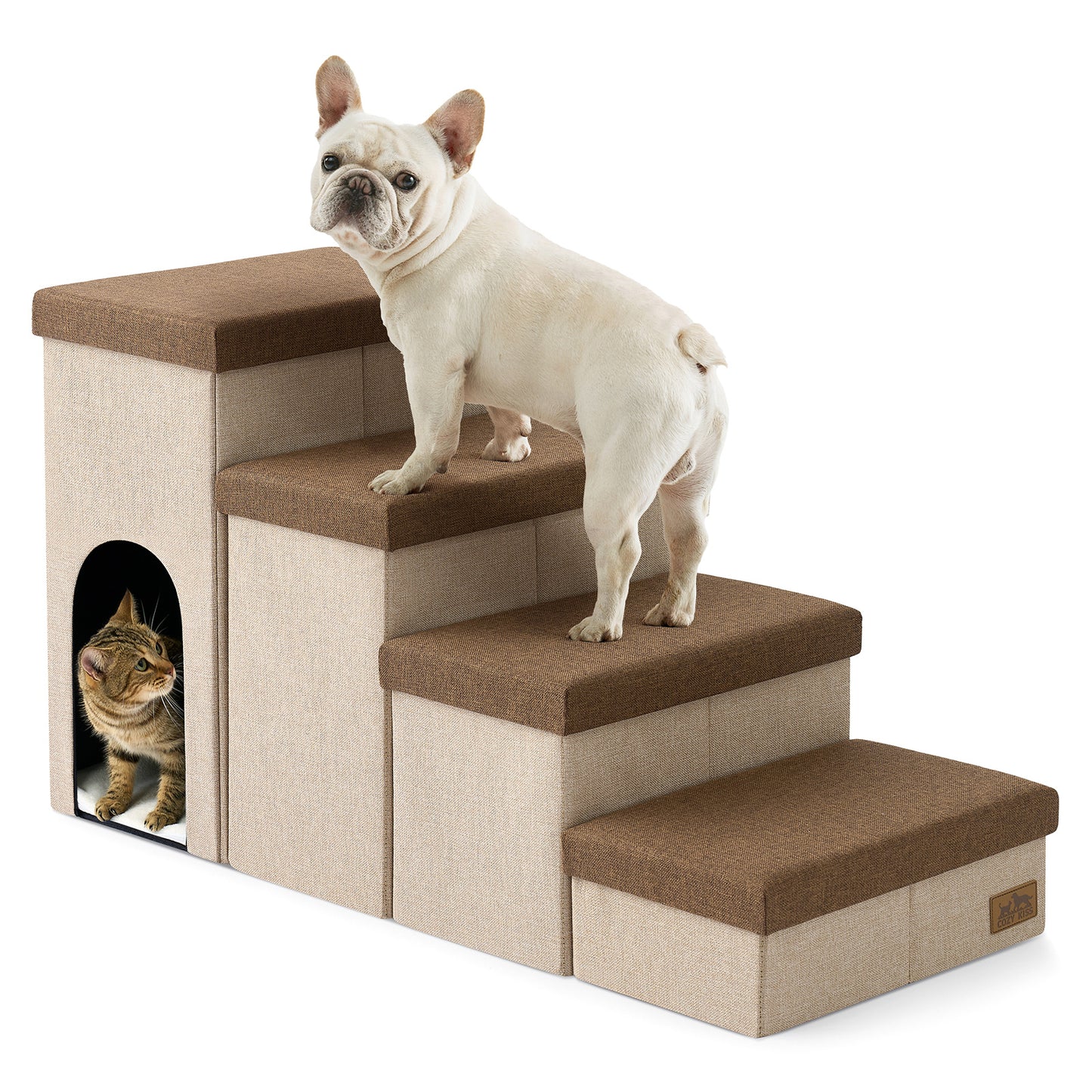 Cozy Kiss 4-Step Storage Pet Stairs with Play Condo beside bed with built-in cat hideaway #color_Brown