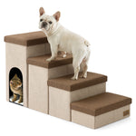 Cozy Kiss 4-Step Storage Pet Stairs with Play Condo beside bed with built-in cat hideaway 