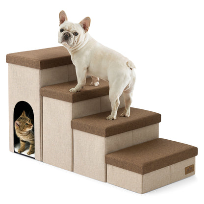 Cozy Kiss 4-Step Storage Pet Stairs with Play Condo beside bed with built-in cat hideaway #color_Brown