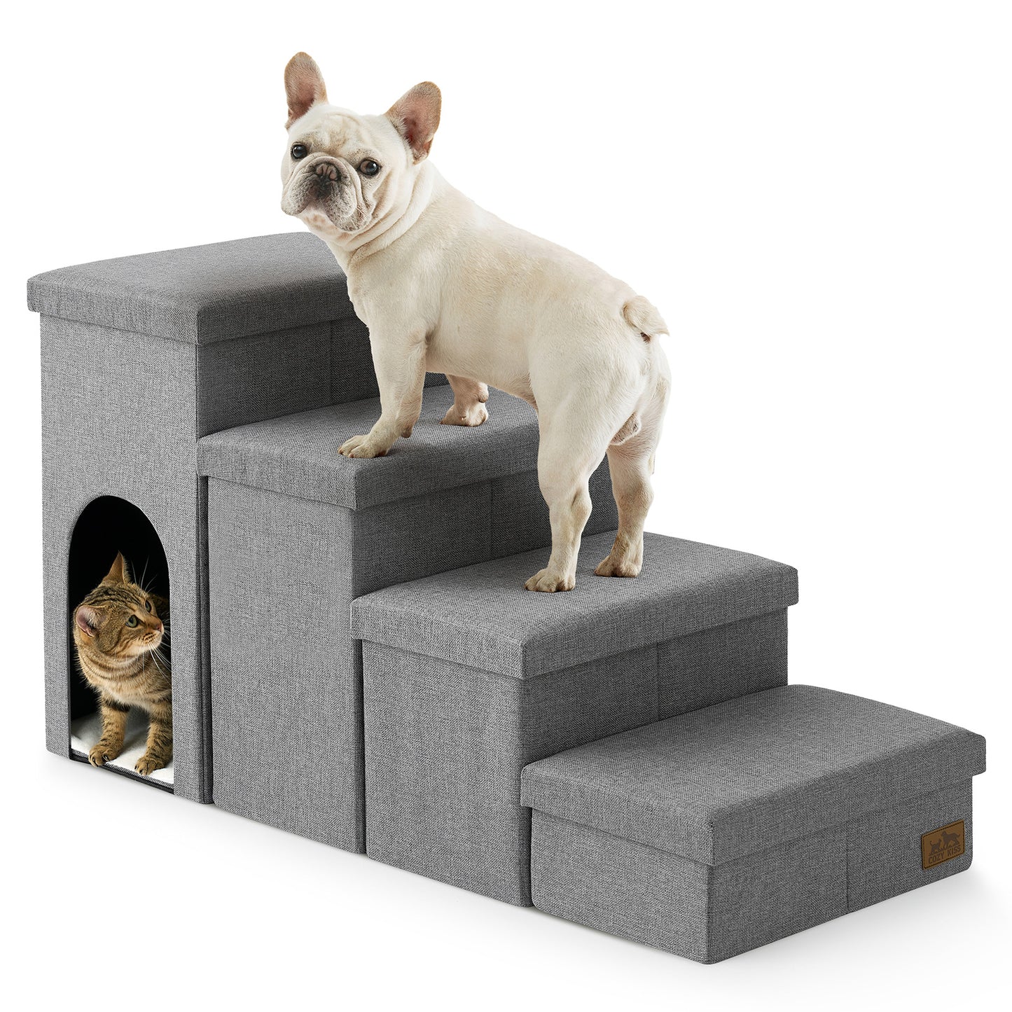 Cozy Kiss 4-Step Storage Pet Stairs with Play Condo beside bed with built-in cat hideaway #color_Grey