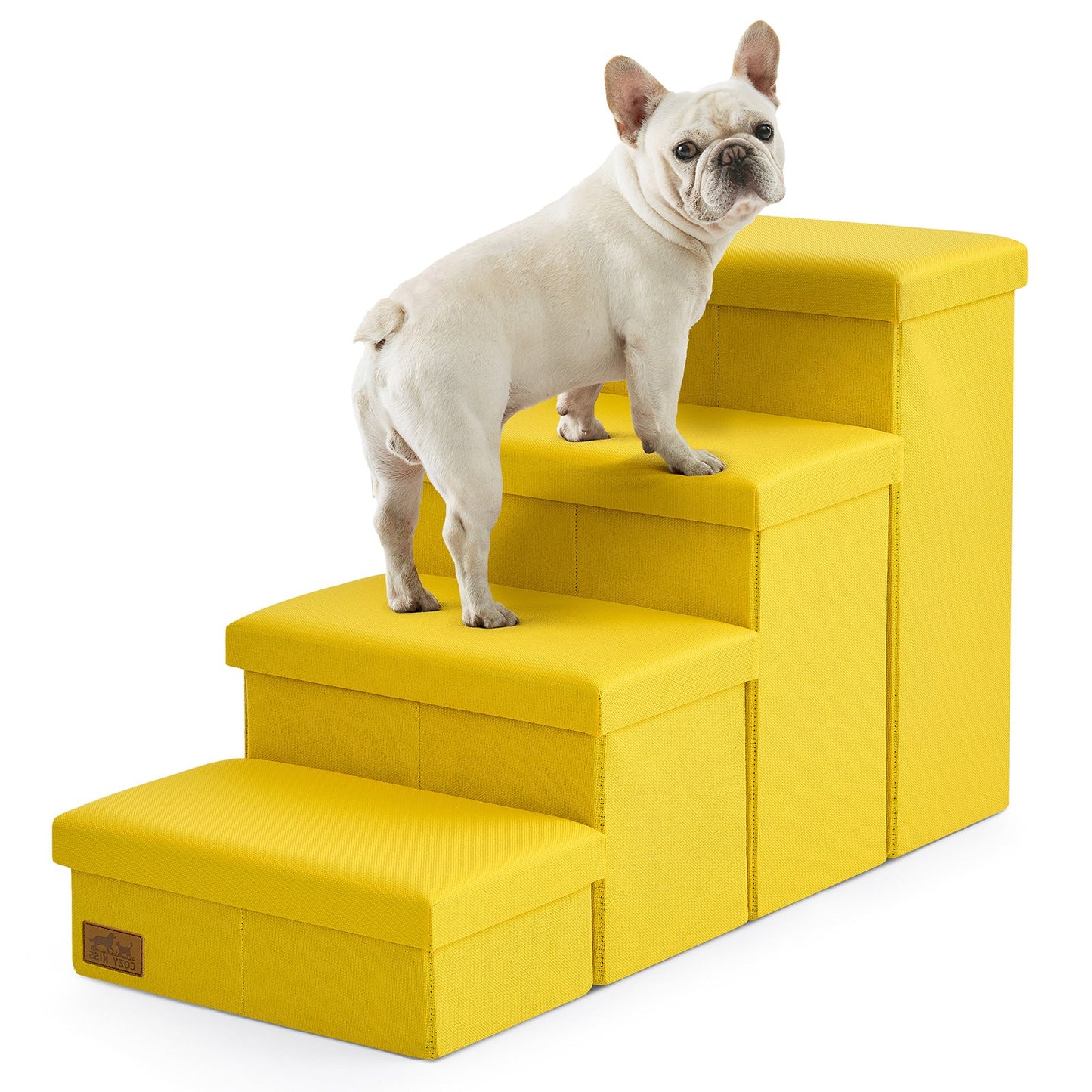 Cozy Kiss 4-Step Storage Pet Stairs beside bed with a dog sitting on it #color_Yellow