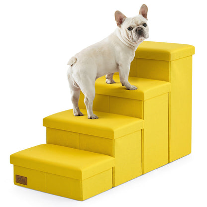 Cozy Kiss 4-Step Storage Pet Stairs beside bed with a dog sitting on it #color_Yellow