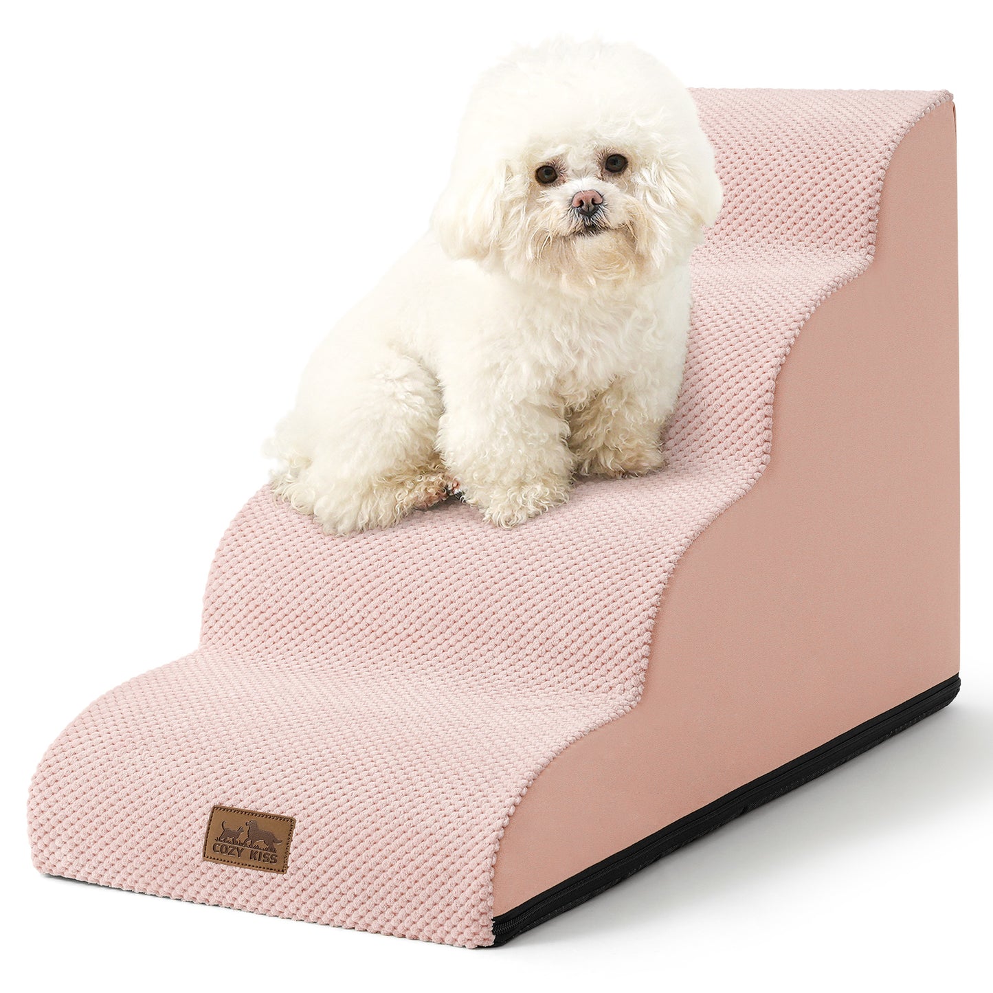 Cozy Kiss 4-Step Joint-Friendly Curved Pet Stairs with washable cover front view #color_Pink