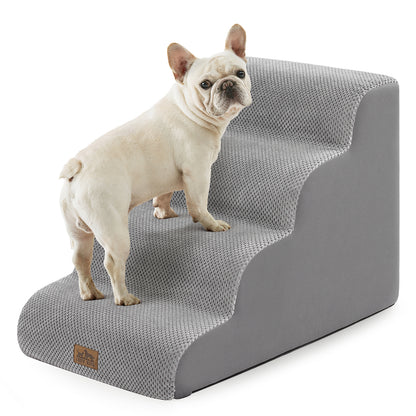 Small dog standing on Cozy Kiss 4-Step Extra Wide Curved Pet Stairs in Grey #color_Grey