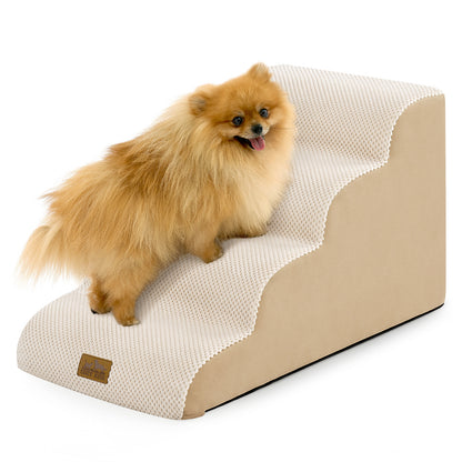 Front studio view of Cozy Kiss 4-Step Gentle Slope Curved Pet Stairs with a dog standing on it #color_Beige