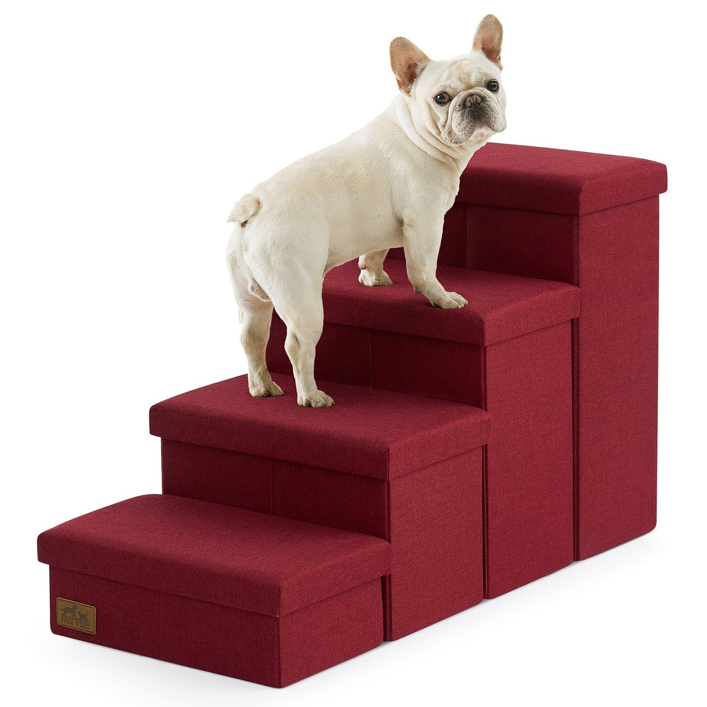 Cozy Kiss 4-Step Storage Pet Stairs beside bed with a dog sitting on it #color_Red