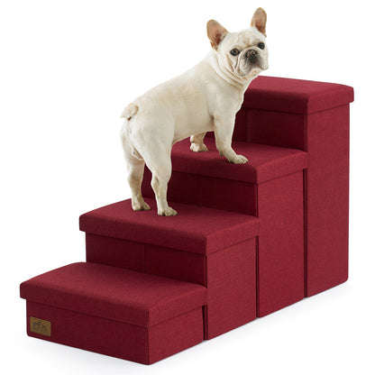 Cozy Kiss 4-Step Storage Pet Stairs beside bed with a dog sitting on it #color_Red