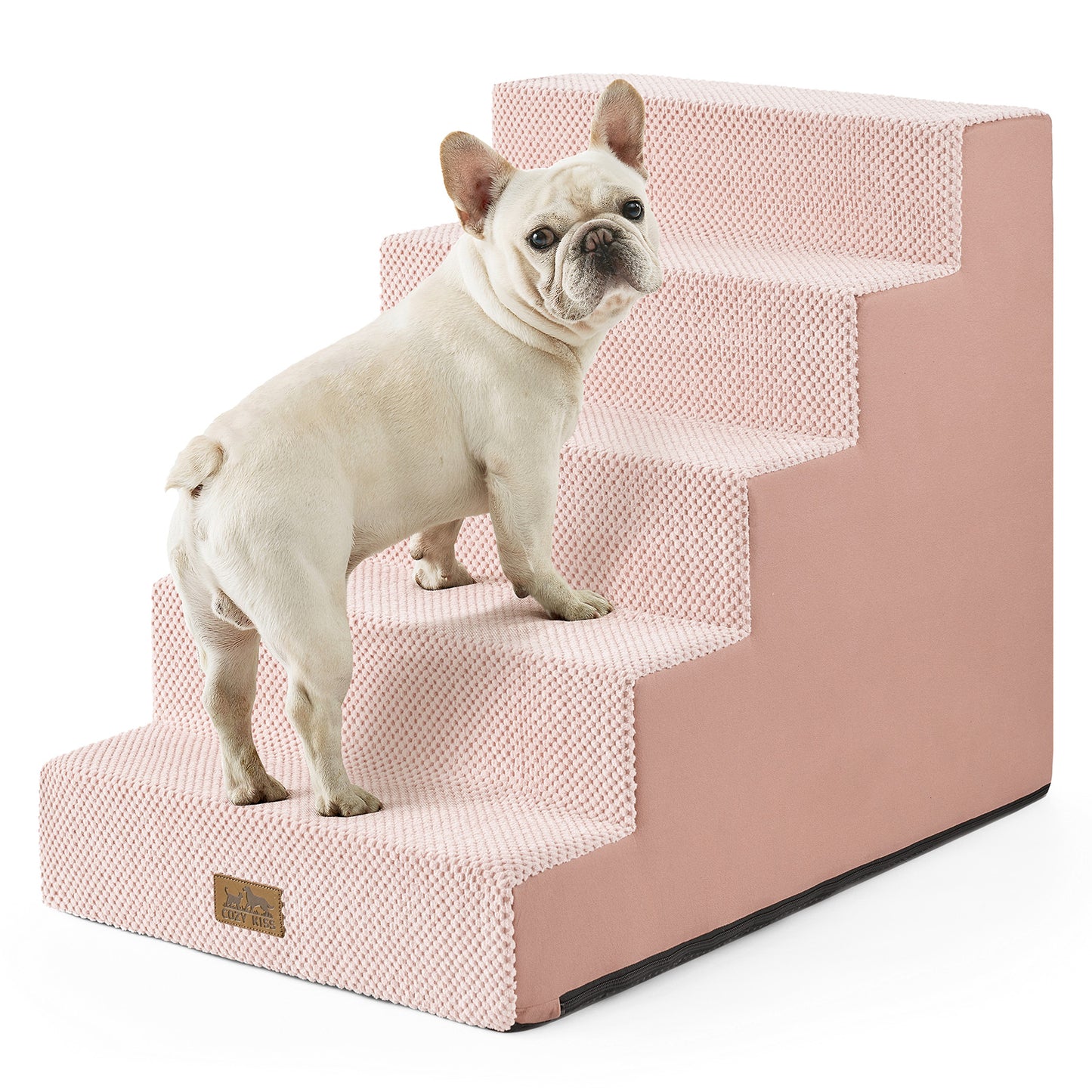 Front view of a dog using Cozy Kiss 5-Step Extra Wide Right-Angle Pet Stairs beside a bed, showing easy access. #color_Pink