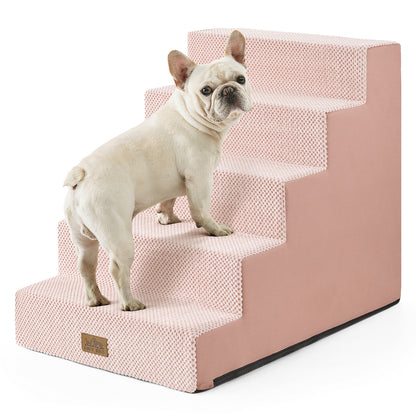 Front view of a dog using Cozy Kiss 5-Step Extra Wide Right-Angle Pet Stairs beside a bed, showing easy access. #color_Pink