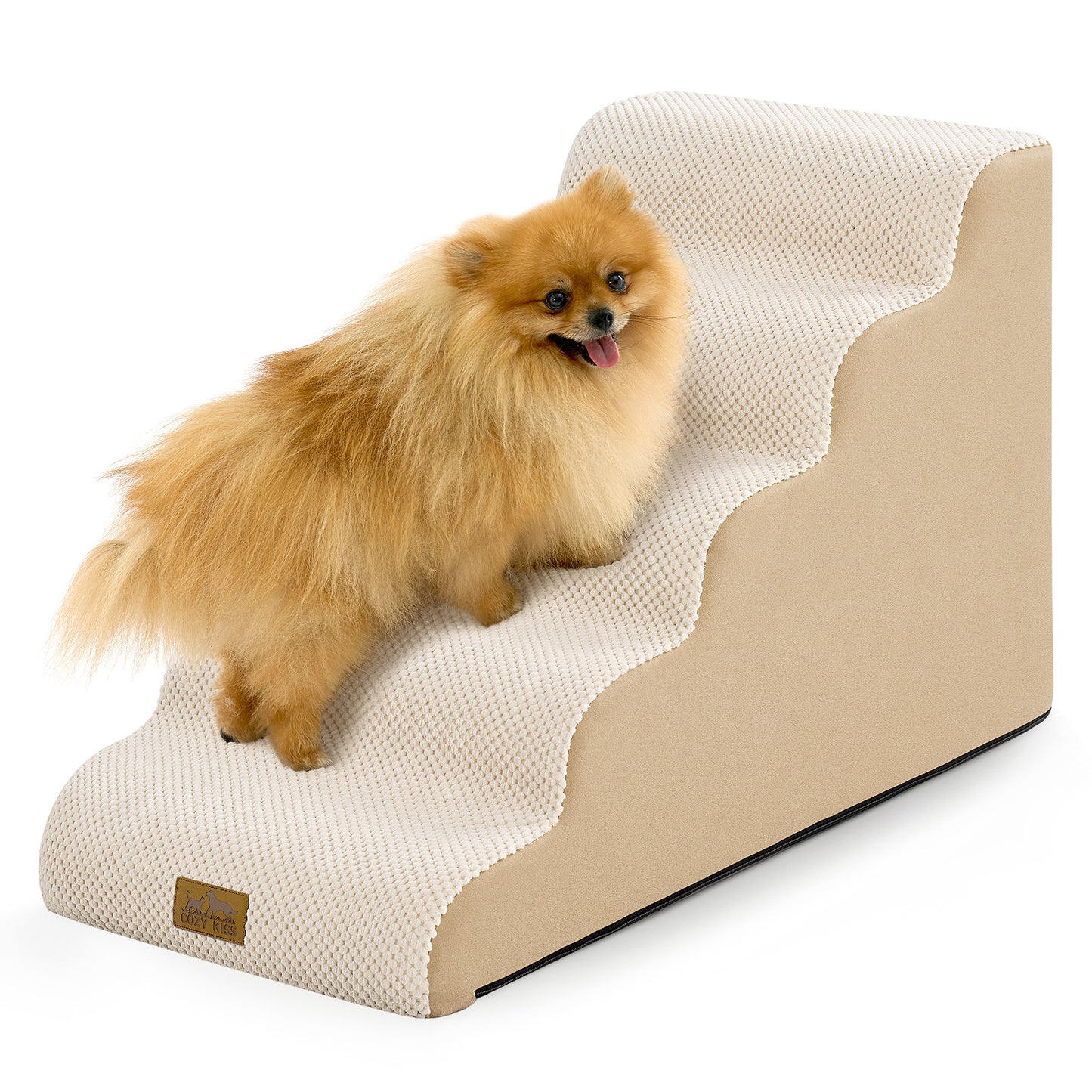 Front studio view of Cozy Kiss 5-Step Gentle Slope Curved Pet Stairs displaying gradual incline, maximum climbing height, and stable construction #color_Beige