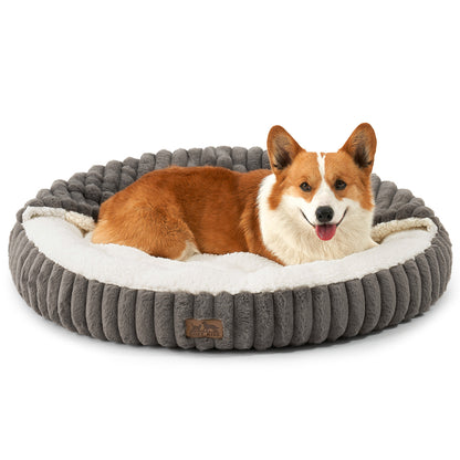 Cozy Kiss Striped Faux Calming Donut Pet Bed With Blanket ultra soft faux fur calming pet nest bed #color_Grey