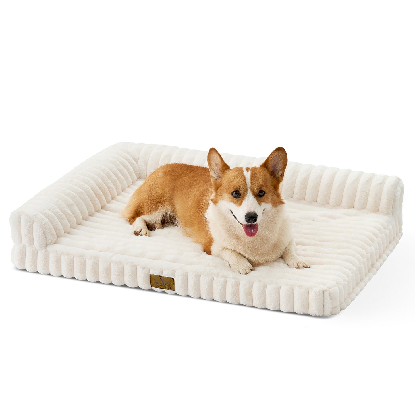 Front view of a dog resting on the Cozy Kiss Striped Faux L-Shaped Washable Dog Bed, showing the raised bolster design. #color_Cream