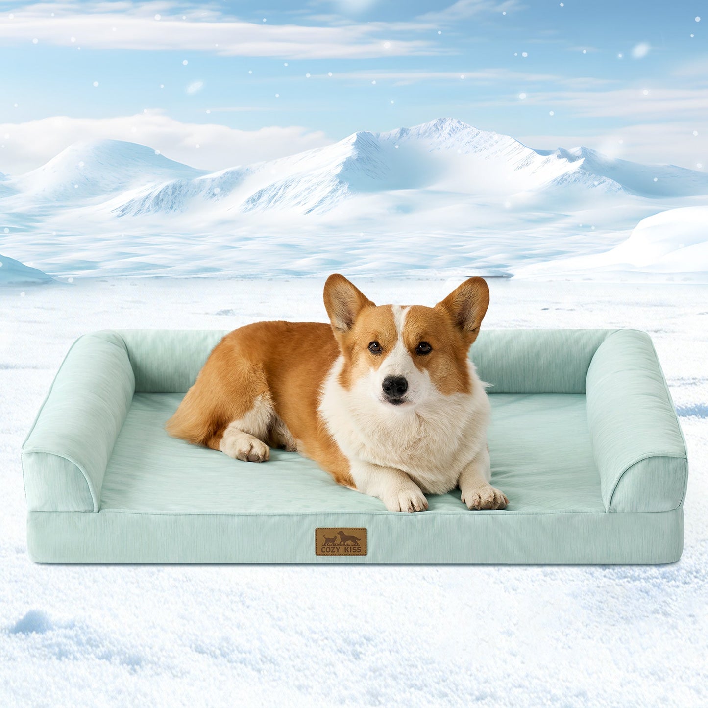 Dog lying on Cozy Kiss sage green pet bed with a snowy mountain background#color_Sage Green