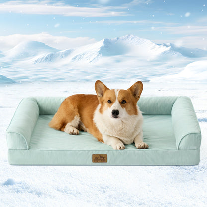 Dog lying on Cozy Kiss sage green pet bed with a snowy mountain background#color_Sage Green