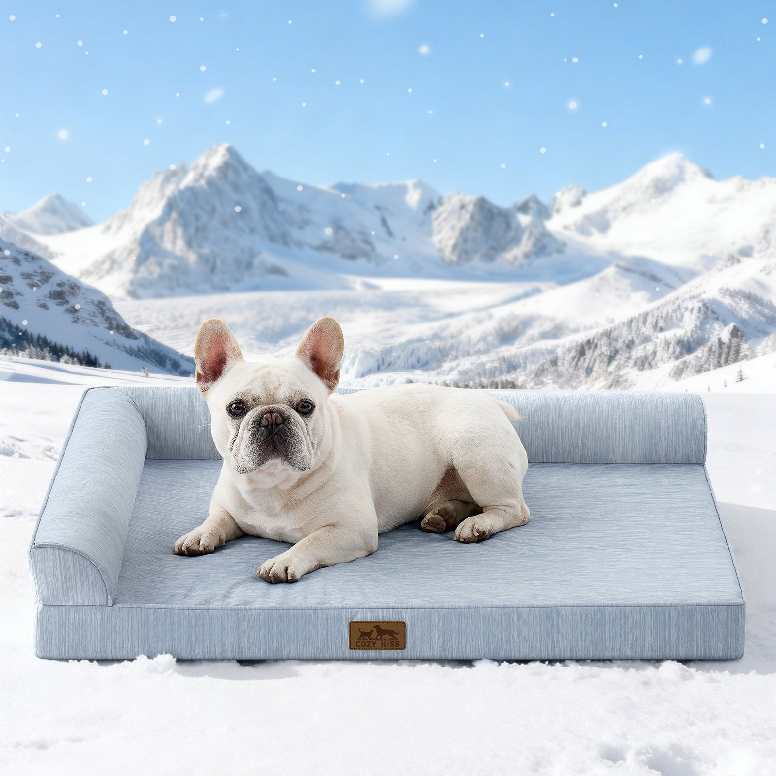 Dog lying on Cozy Kiss blue pet bed in a snowy landscape with mountains.#color_Sky Blue