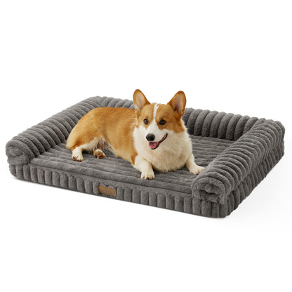 Dog lying on Cozy Kiss Striped Faux U-Shaped Washable Dog Bed, showing raised bolsters and soft striped texture. #color_Grey