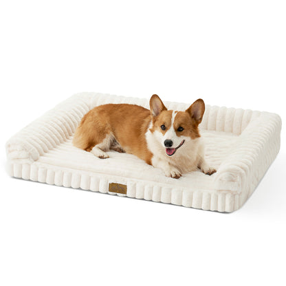 Dog lying on Cozy Kiss Striped Faux U-Shaped Washable Dog Bed, showing raised bolsters and soft striped texture. #color_Cream