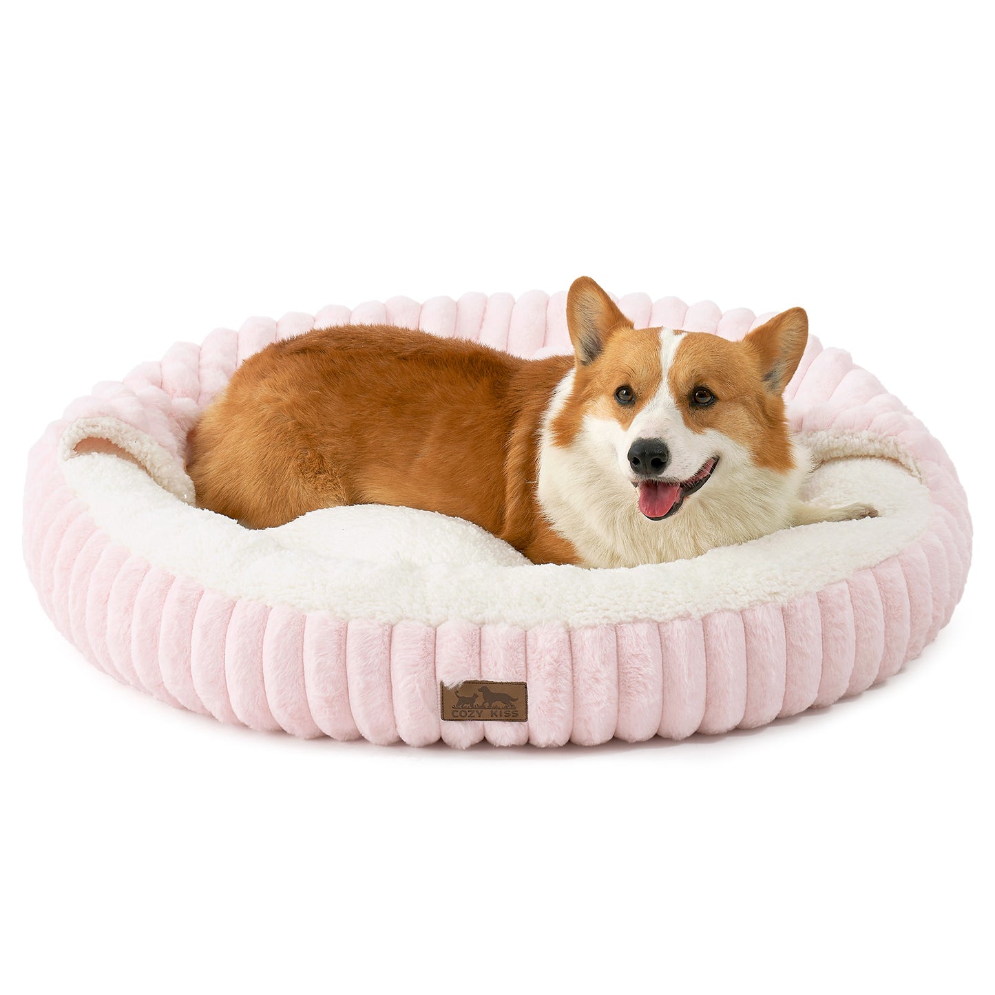 Cozy Kiss Striped Faux Calming Donut Pet Bed With Blanket ultra soft faux fur calming pet nest bed #color_Pink